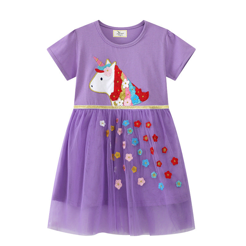 Girls Tulle Dress with Colorful Unicorn and Flower Appliqués Mune Fashion