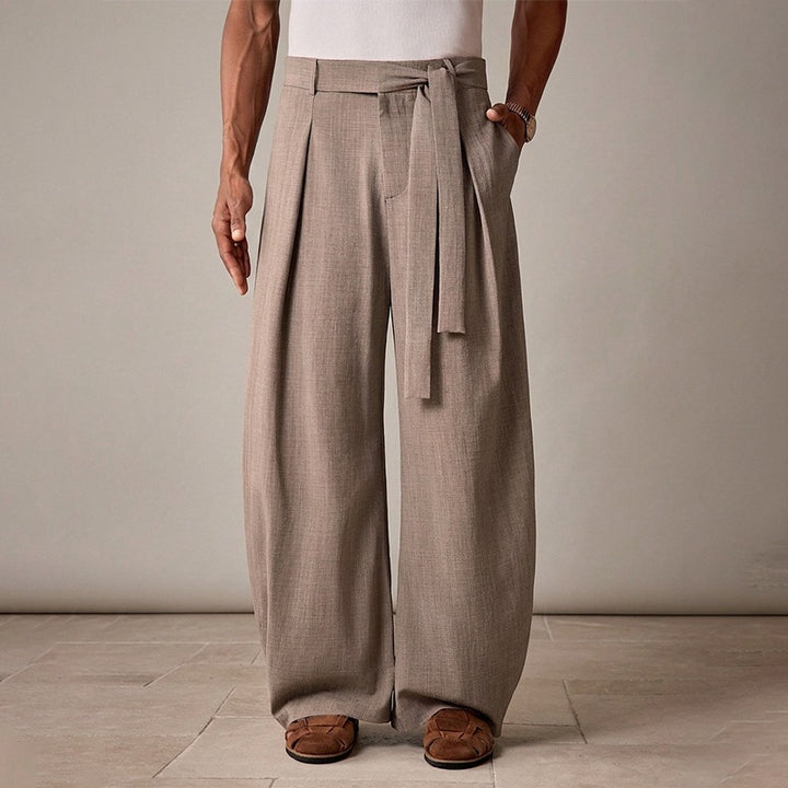 Men's loosely cut linen trousers with high waist and tie belt Mune Fashion
