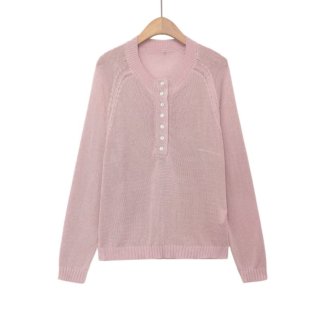 Women's fine knit Henley pullover with button placket and raglan sleeves Mune Fashion