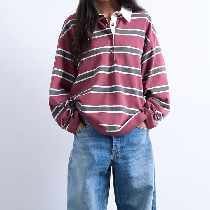 Women's Casual Striped Shirt with Polo Collar