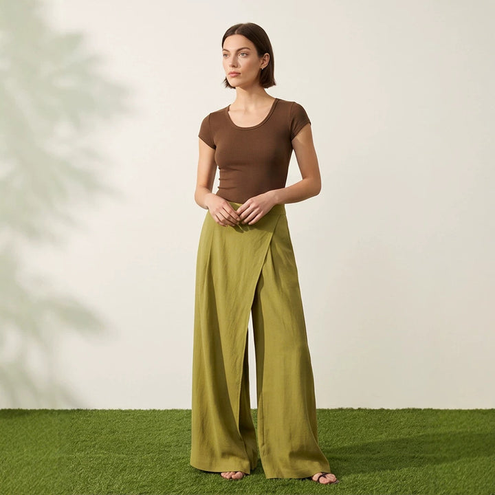 Women's High-Waist Wrap Palazzo Pants with Wide Leg and Flowing Linen Look Mune Fashion