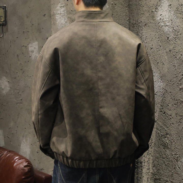 Men's Boxy Leather-Look Blouson with concealed zipper placket, stand collar, and elastic waistband Mune Fashion