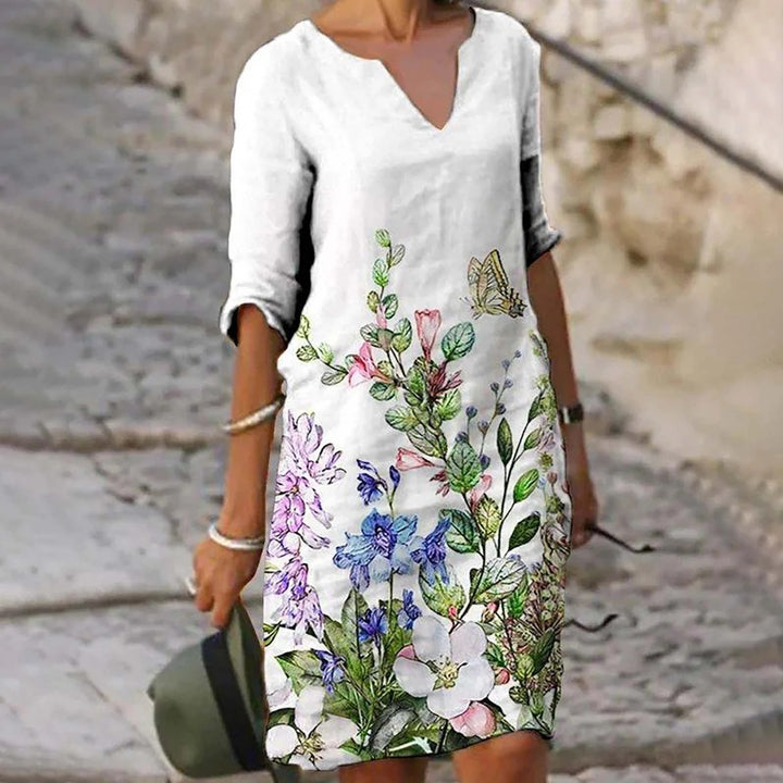 Ladies casual linen dress with V-neck and floral all-over pattern, knee-length with three-quarter sleeves Mune Fashion