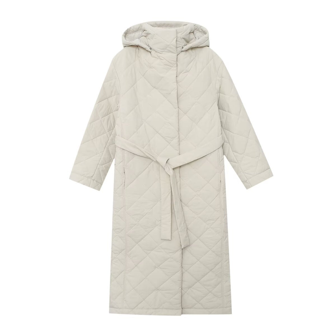 Ladies quilted coat with hood, belt and diamond quilting Mune Fashion