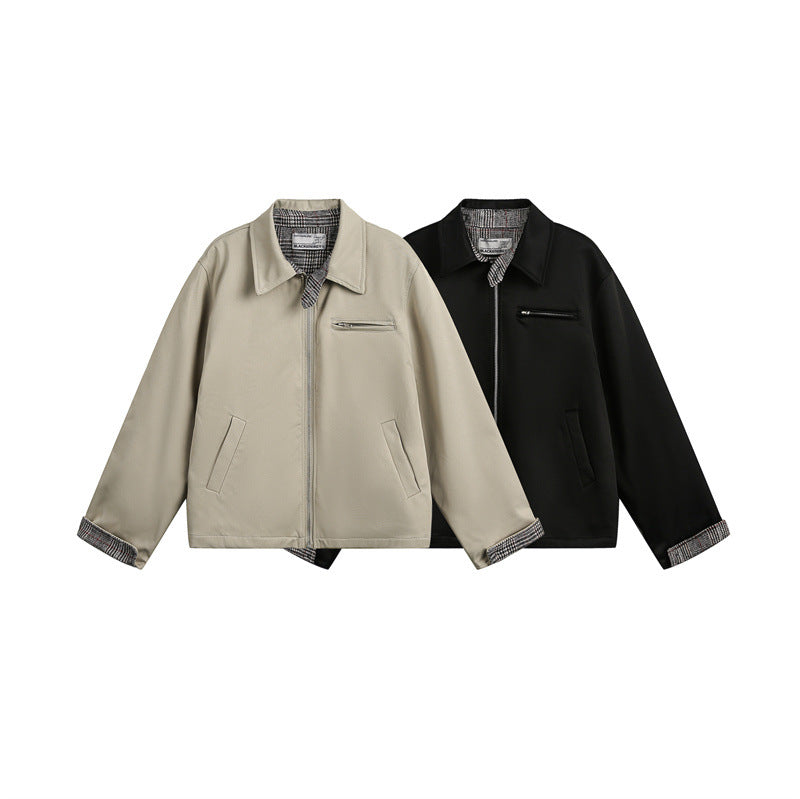 Unisex Short Cut Boxy Blouson Jacket with Checked Lining and Chest Zip Pocket Mune Fashion