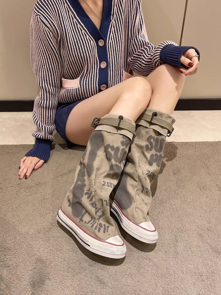 Women Casual Canvas Platform Sneakers with Split Shaft and Buckle Strap Mune Fashion
