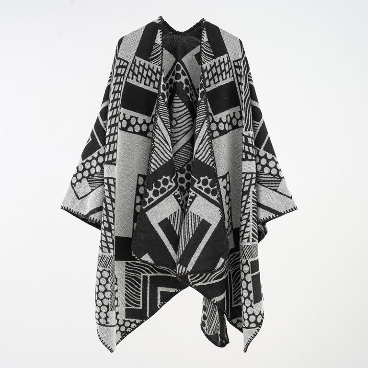 Women's Soft Draping Jacquard Cape with Geometric Allover Pattern and Open Kimono Fit Mune Fashion