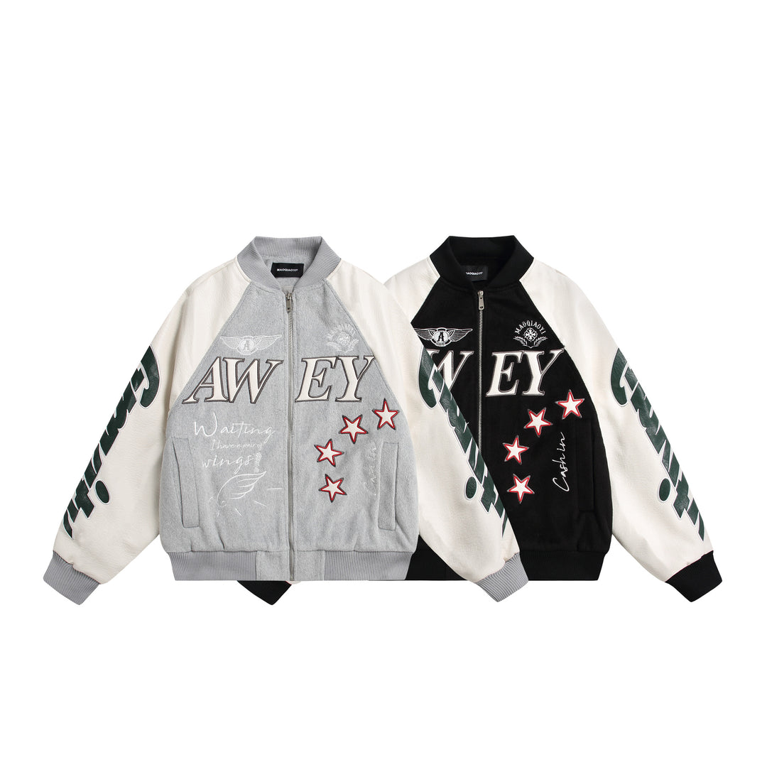 Unisex varsity bomber jacket in material mix with embroidery and application details Mune Fashion