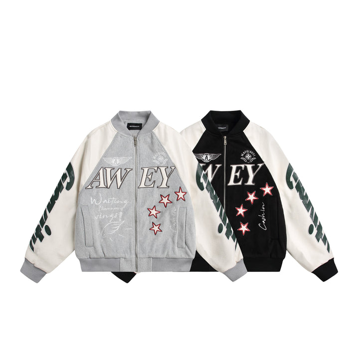 Unisex varsity bomber jacket in material mix with embroidery and application details Mune Fashion