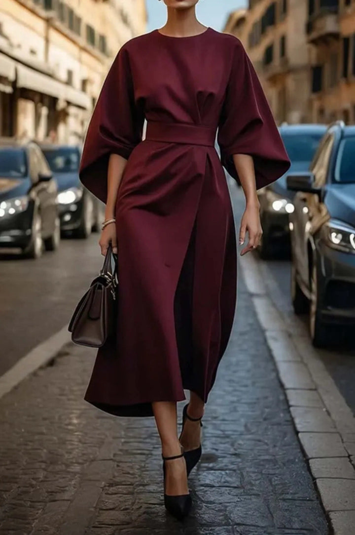 Ladies Elegant Midi Dress with Wide Kimono Sleeves, Tailored Belt and Draped A-Line Mune Fashion