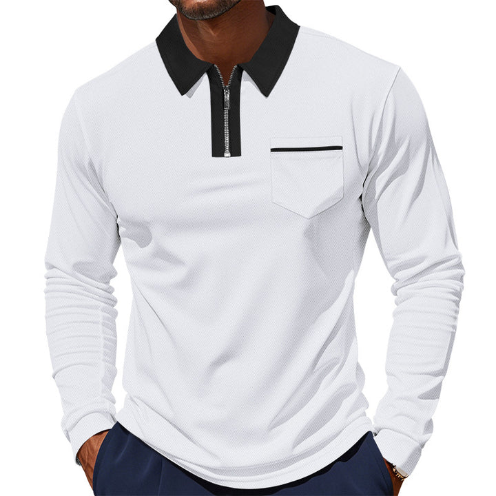 Men's elegant long-sleeve polo shirt with hidden half-zip, structured piqué look, and subtle chest pocket Mune Fashion
