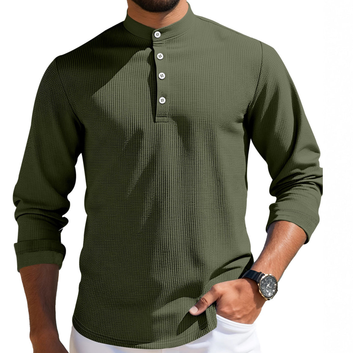 Men's structured long-sleeve henley with Nehru collar and tone-on-tone button placket Mune Fashion