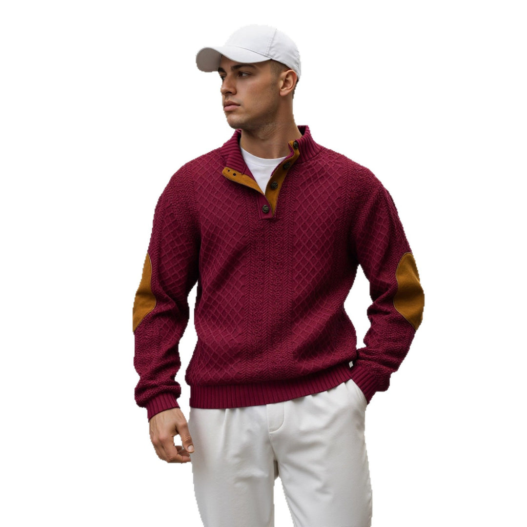 Men's troyer sweater with stand-up collar, structured knit look and contrast elbow patches Mune Fashion