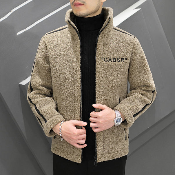 Men's Teddy Fleece Blouson with Stand Collar, Zipper and Contrast Stripes Mune Fashion