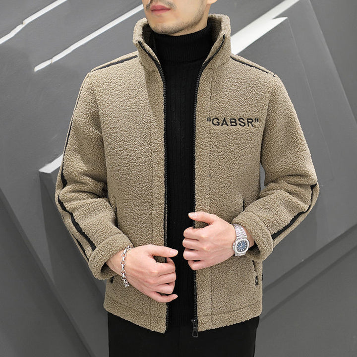 Men's Teddy Fleece Blouson with Stand Collar, Zipper and Contrast Stripes Mune Fashion