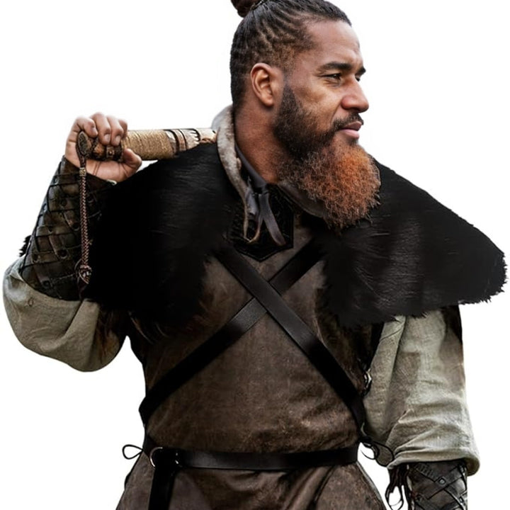 Men's Medieval Leather Jerkin with Faux Fur Shoulder Cape and Braided Arm Guards Mune Fashion