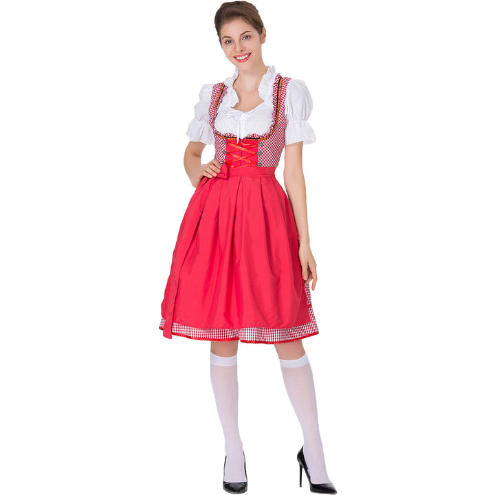 Women's checked dirndl dress with gathered apron and laced bodice front Mune Fashion