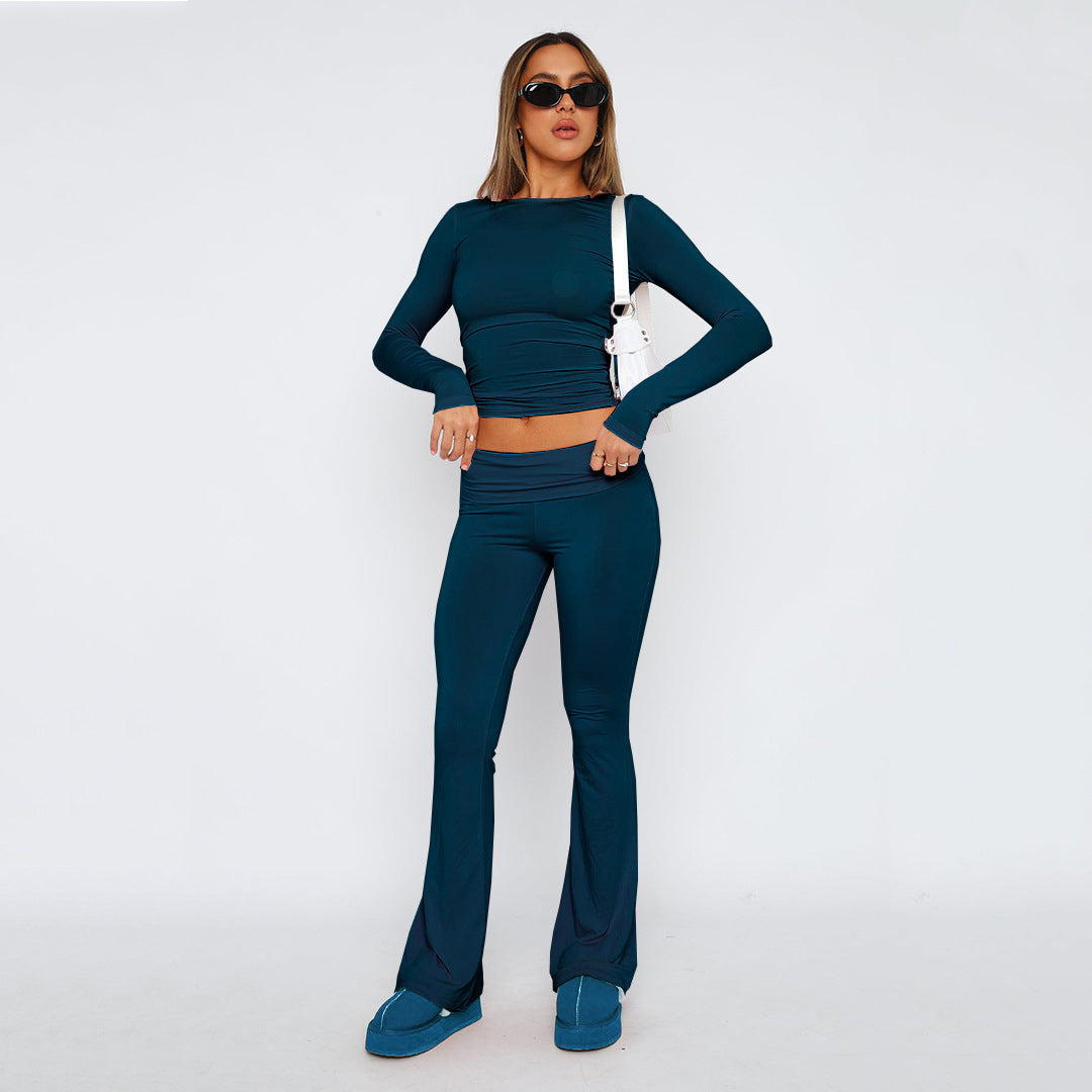 Women’s Stretch Lounge Set with cropped long sleeve top and flared high-waisted pants Mune Fashion