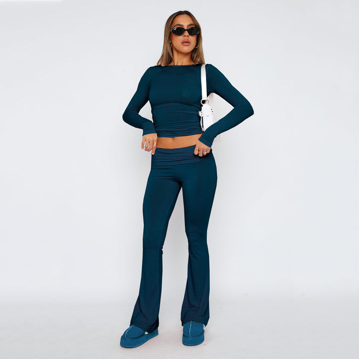 Women’s Stretch Lounge Set with cropped long sleeve top and flared high-waisted pants Mune Fashion