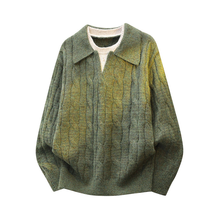 Women's Oversize Cable Knit Sweater with Polo Collar & Layered Look Mune Fashion