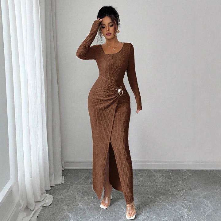 Women’s figure-hugging maxi dress made of ribbed knit with wrap detail and slit Mune Fashion