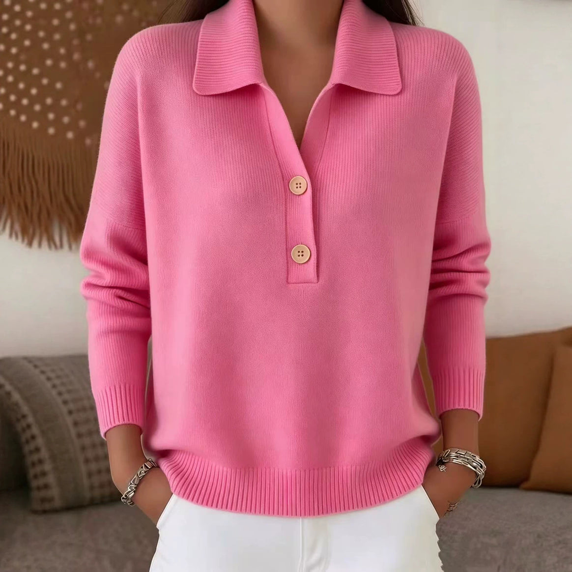 Women's casual fine knit polo collar sweater with two-button placket Mune Fashion