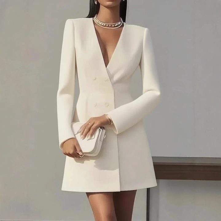 Ladies double-breasted blazer dress with tailored fit and deep V-neck Mune Fashion