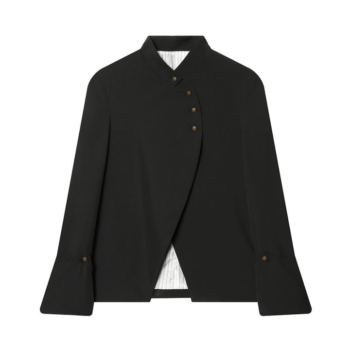Women's Asymmetric Blouse Jacket with Stand-Up Collar and Flared Cuffs Mune Fashion