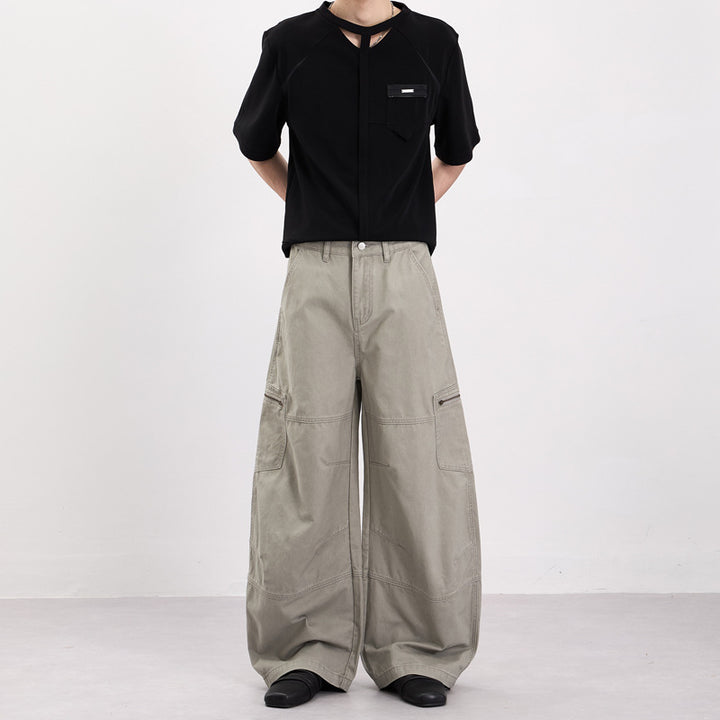 Men's Wide Twill Palazzo Cargo Pants with Drop Crotch, Knee Inserts, and Utility Pockets Mune Fashion