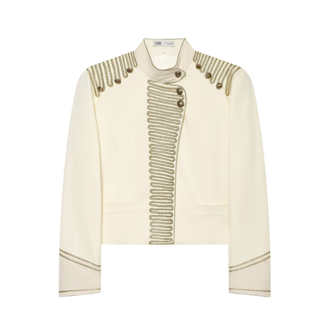 Women's Military Style Short Blazer with Decorative Trim and Stand-Up Collar Mune Fashion
