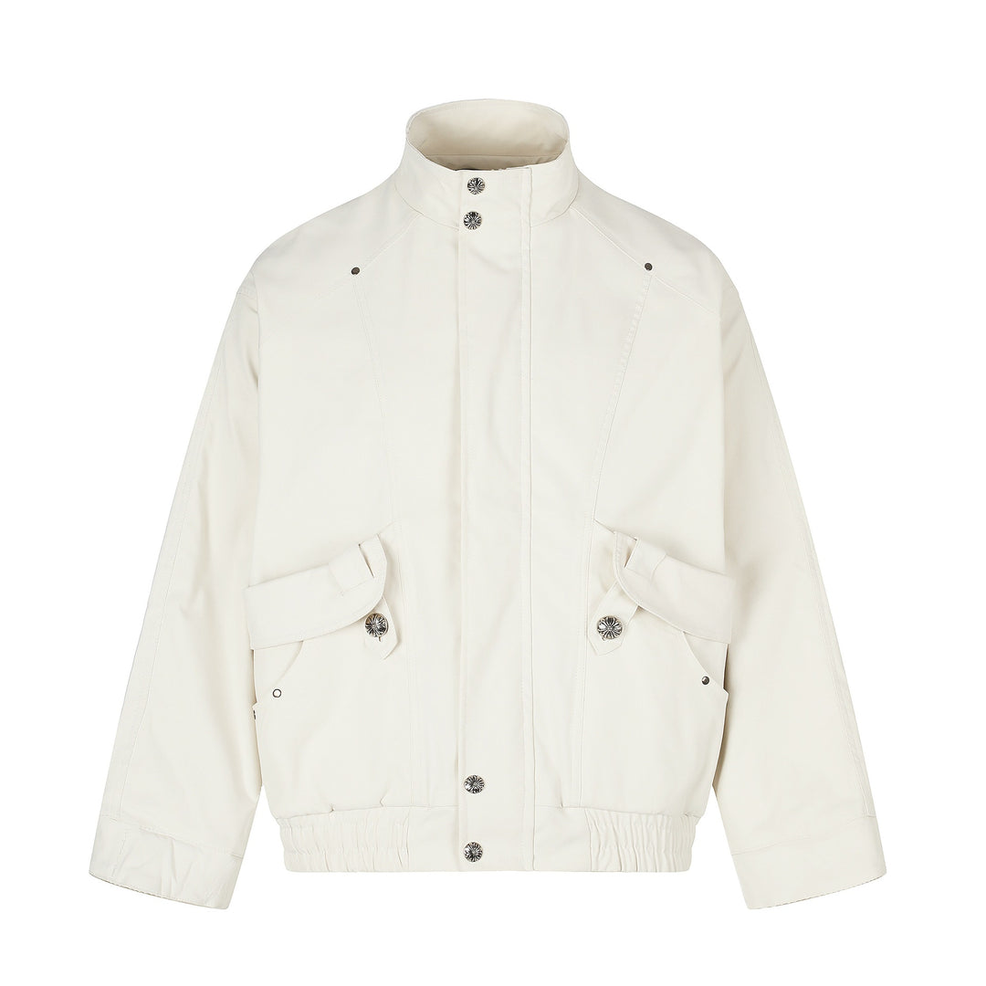 Women's Short Boxy Bomber with High Funnel Neck, Utility Patch Pockets and Elastic Hem Drop