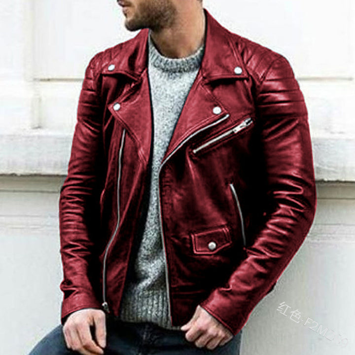 Men's Biker Leather Jacket with Asymmetrical Zipper and Quilted Shoulder Area Mune Fashion