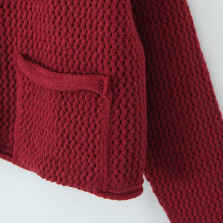 Ladies Light Open Hole Knit Cardigan with Decorative Buttons and Patch Pockets Mune Fashion