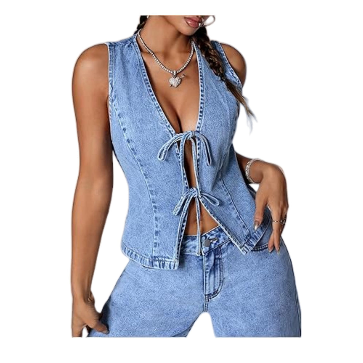 Women's Fitted Denim Vest with V-Neck and Tie Detail Mune Fashion