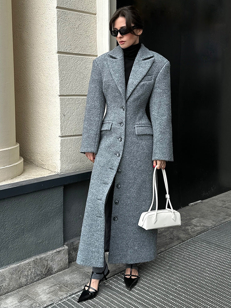 Women's Maxilength Wool Blend Coat with Tailored Cut and Button Placket Mune Fashion