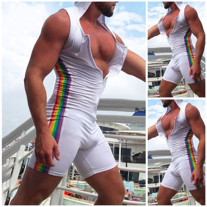 Men's sleeveless hooded short jumpsuit with full zip and ergonomic crotch solution Mune Fashion