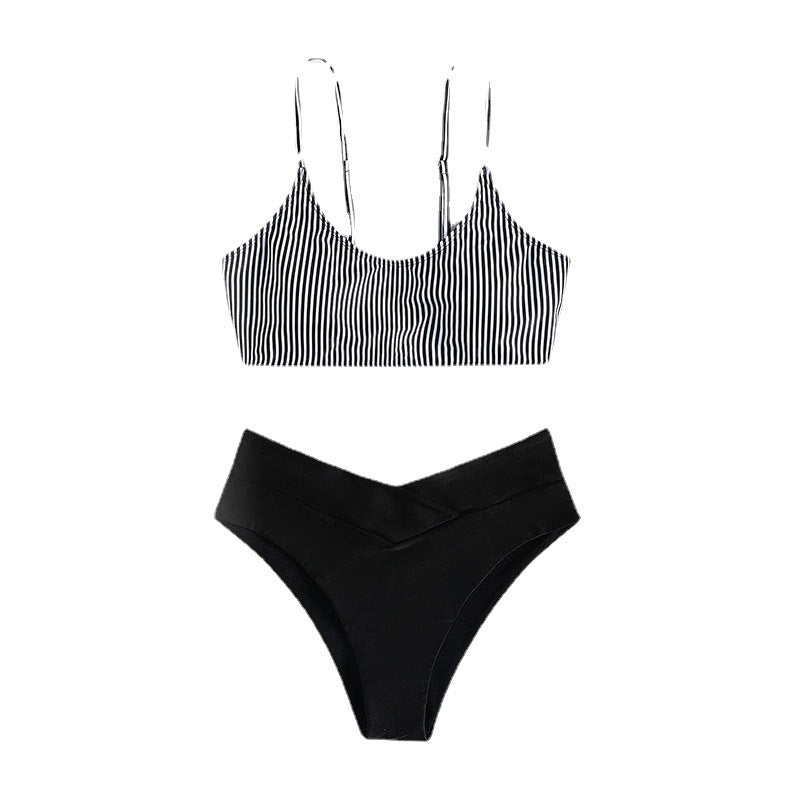 Women's triangle bikini with fashionable striped design and high-cut bottom Mune Fashion