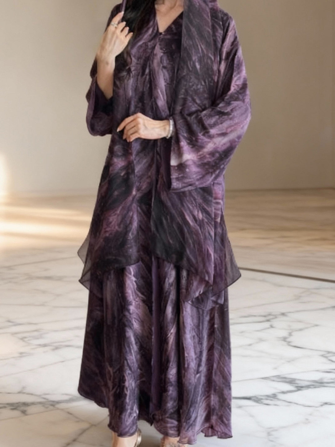 Women's long flowing hooded kaftan dress with wide sleeves and multi-layer chiffon Mune Fashion