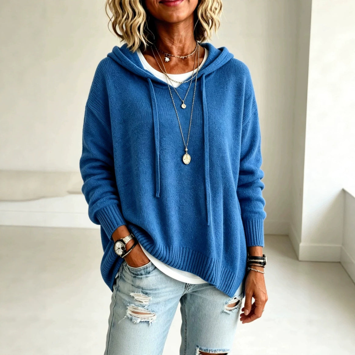 Women Oversize Hoodie Sweater made of fine knit with ribbed cuffs Mune Fashion