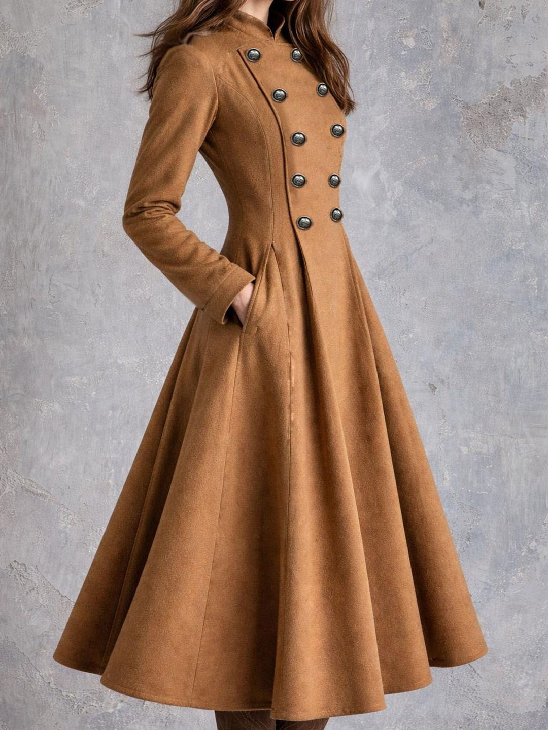 Women tailored coat dress with double-breasted button placket and flared skirt Mune Fashion