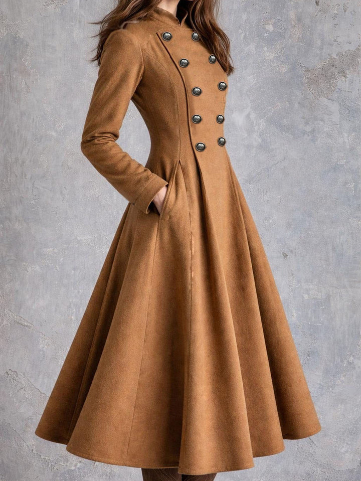 Women tailored coat dress with double-breasted button placket and flared skirt Mune Fashion