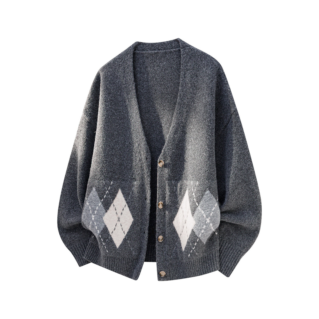 Women Oversized Knit Cardigan with Argyle Pattern and V-Neck Mune Fashion