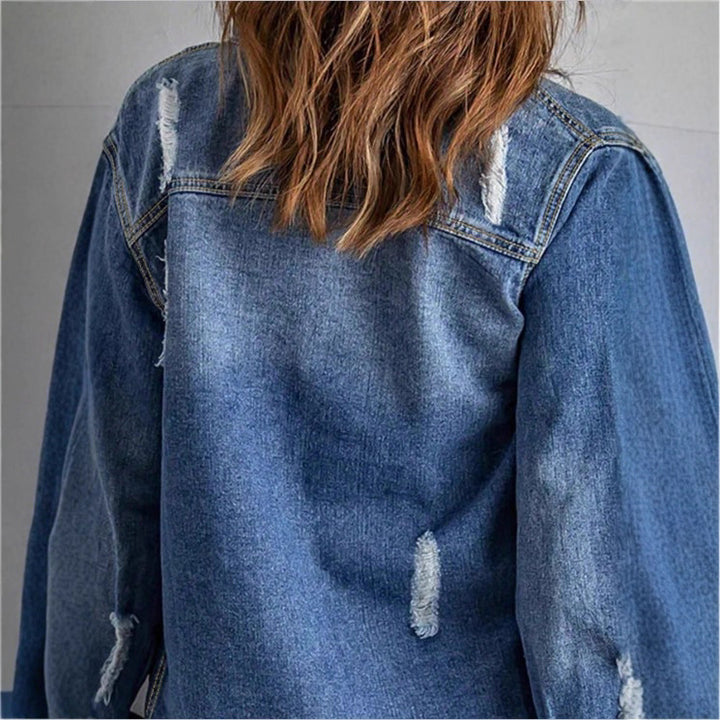 Women Casual Oversized Denim Jacket with Destroyed Details, Shirt Collar and Fringed Hem Mune Fashion
