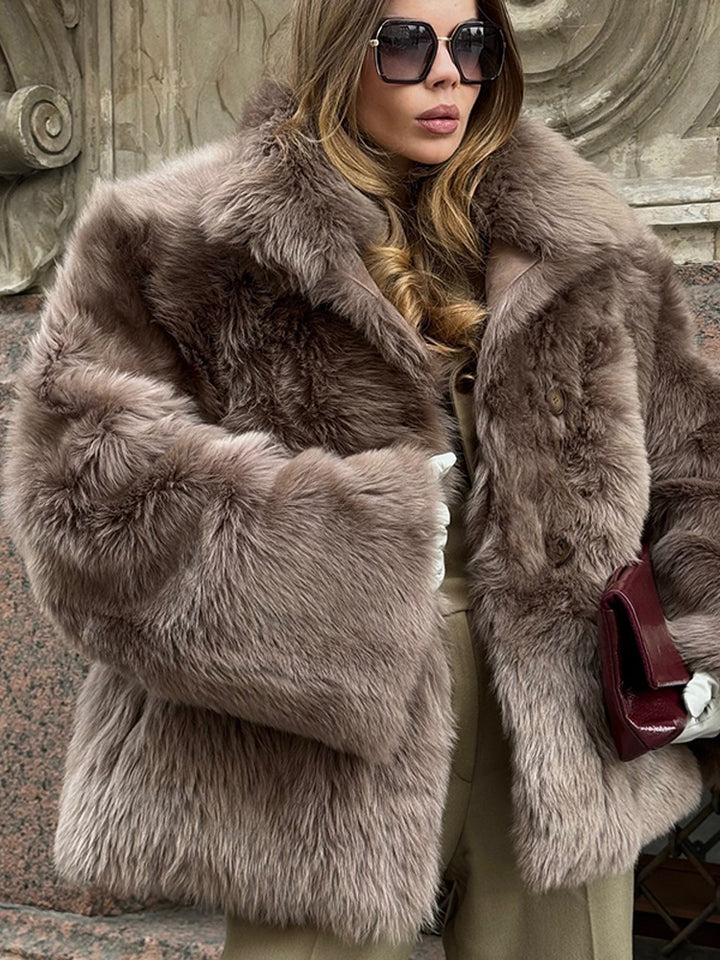 Women short coat made of luxurious faux fur with voluminous shawl collar and boxy silhouette Mune Fashion