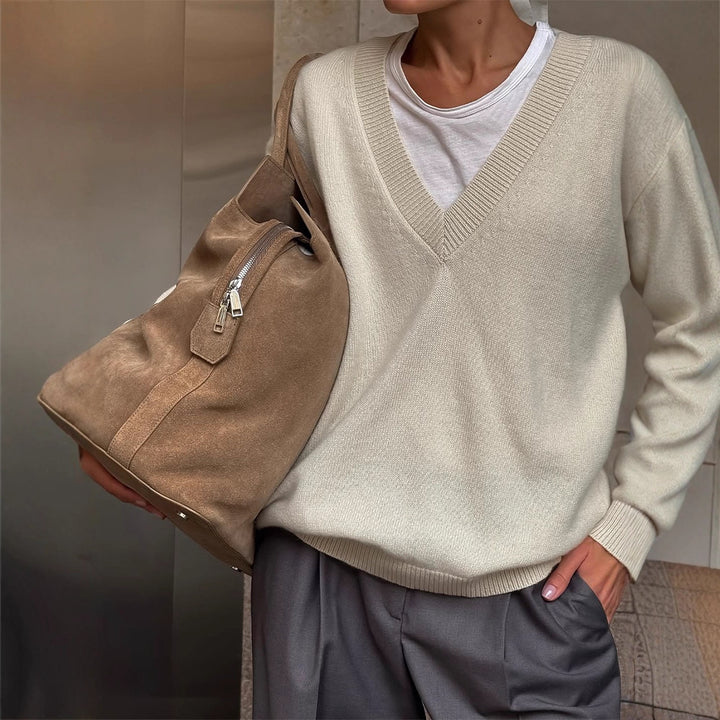 Women's Oversize V-Neck Sweater made of Cashmere Mix with Ripped Hem Mune Fashion
