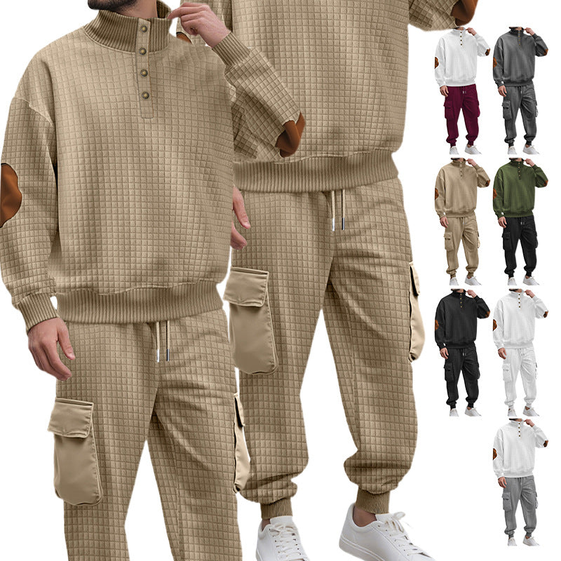 Men's check relief sweat set with stand collar button placket, velour elbow patches and cargo jogger Mune Fashion