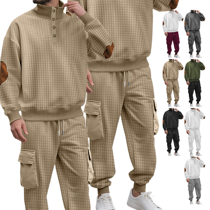 Men's check relief sweat set with stand collar button placket, velour elbow patches and cargo jogger Mune Fashion