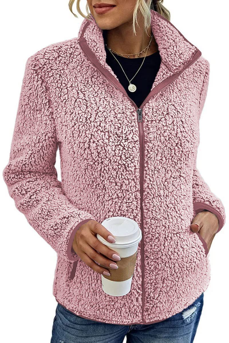 Women cozy teddy fleece jacket with stand-up collar and zipper Mune Fashion