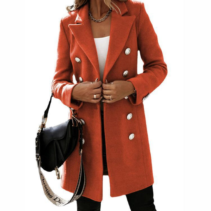 Women's Tailored Double-Breasted Wool Coat with Decorative Buttons and Lapel Collar Mune Fashion
