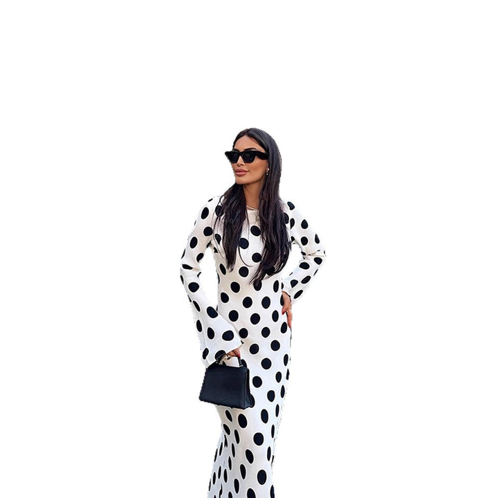 Women's Figure-Hugging Polka Dot Maxi Dress with Trumpet Sleeves & Round Neckline Mune Fashion